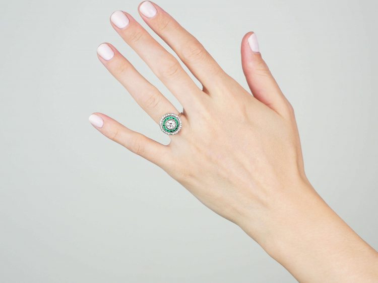 Art Deco Platinum, Emerald & Diamond Target Ring
