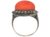 Art Deco Silver, Coral & Marcasite Ring