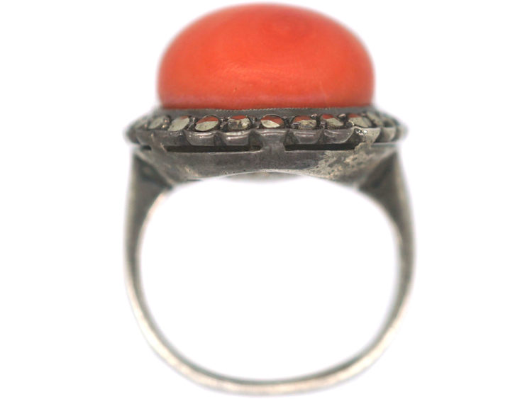 Art Deco Silver, Coral & Marcasite Ring