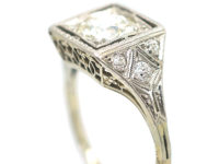 Art Deco 14ct White Gold & Platinum, Square Diamond Ring with Diamond Set Shoulders
