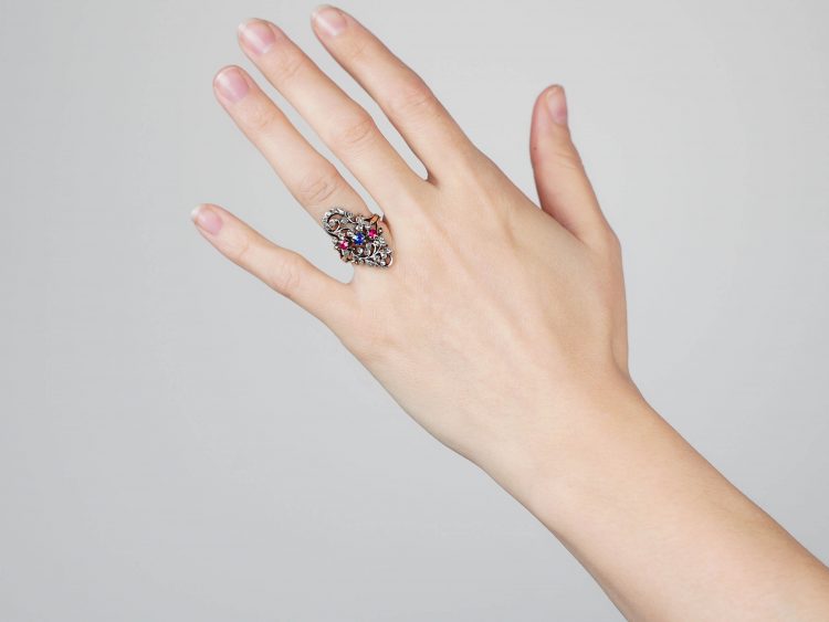 Art Nouveau Austrian 14ct Gold, Ruby Sapphire & Rose Diamond Floral Ring