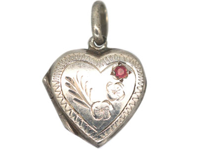 Engraved Silver Heart Locket With Red Paste