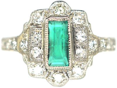 Art Deco Platinum, Emerald & Diamond Rectangular Cluster Ring