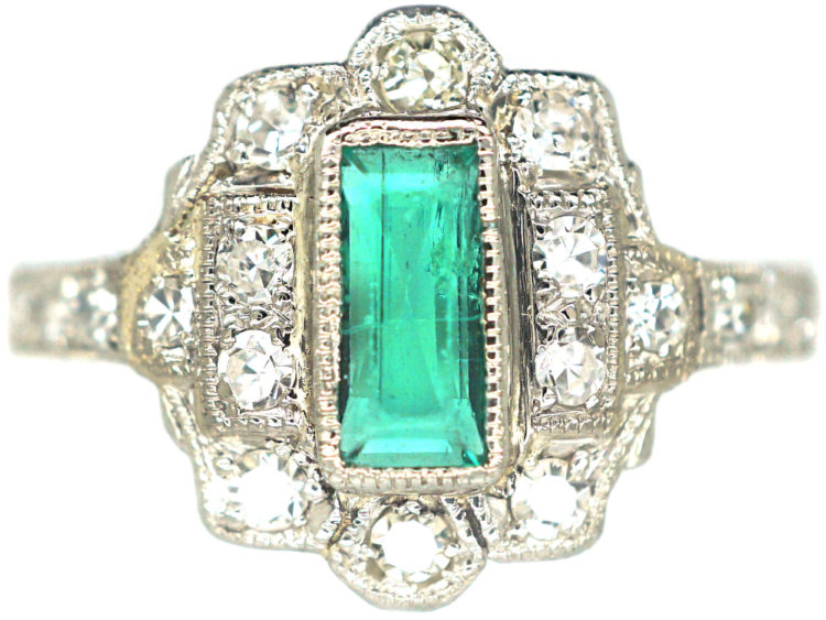 Art Deco Platinum, Emerald & Diamond Rectangular Cluster Ring