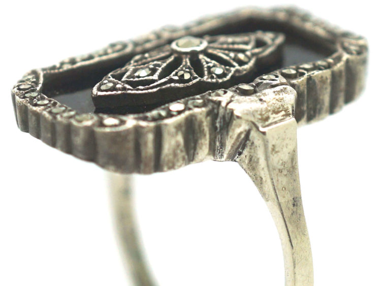 Art Deco Silver, Marcasite & Onyx Rectangular Ring