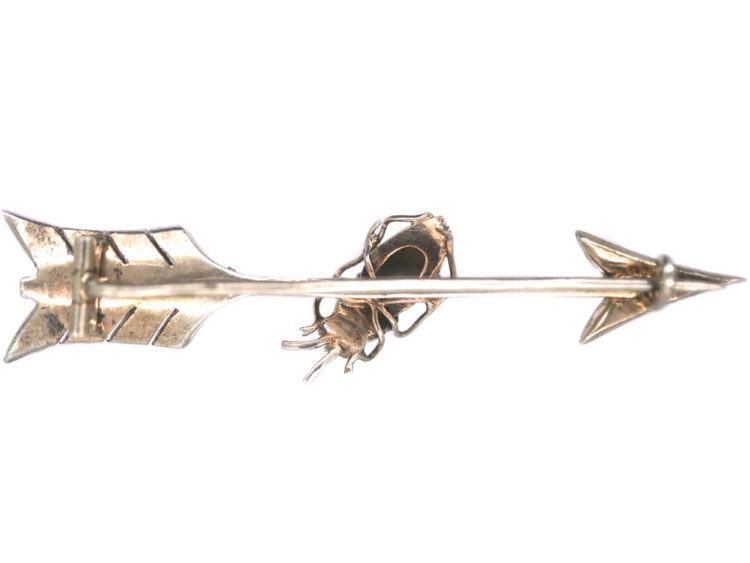 Victorian Silver & Natural Split Pearl Arrow Brooch with Cat's Eye Chrysoberyl Bug