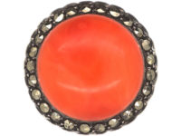 Art Deco Silver, Coral & Marcasite Ring