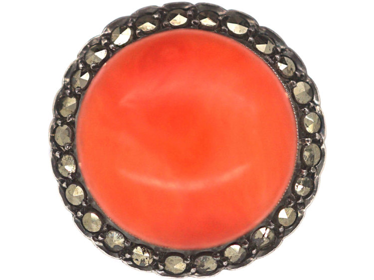 Art Deco Silver, Coral & Marcasite Ring