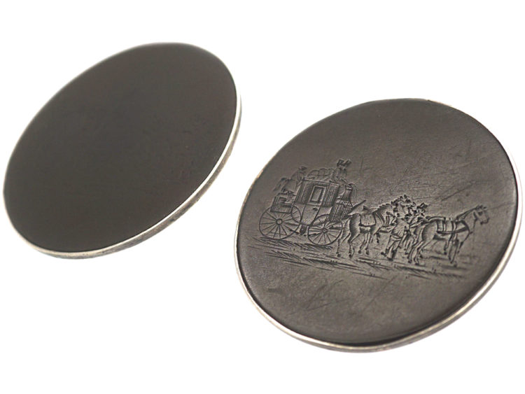 Victorian Large Silver & Horn Buttons Engraved with Coaching Scenes