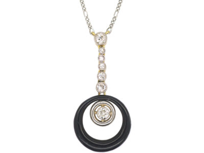 Art Deco 18ct Gold & Platinum, Diamond & Black Enamel Pendant