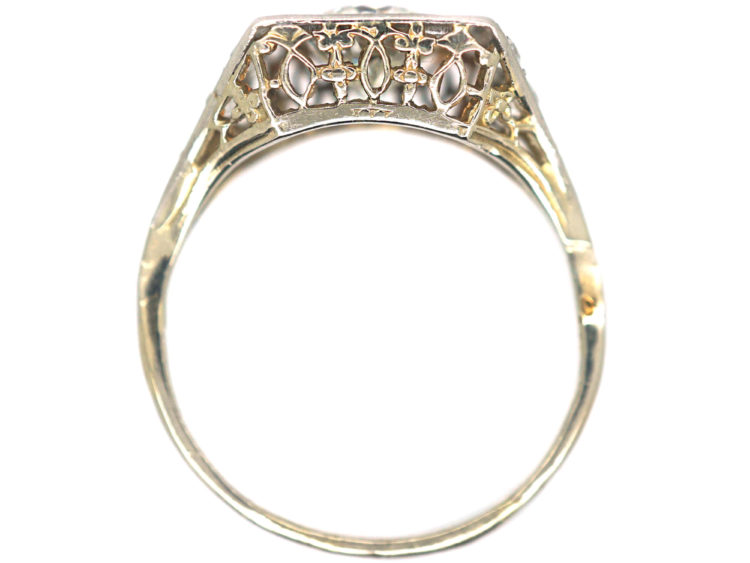 Art Deco 14ct White Gold & Platinum, Square Diamond Ring with Diamond Set Shoulders