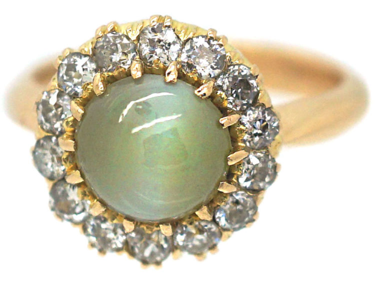 Edwardian 18ct Gold, Cat's Eye Chrysoberyl & Diamond Cluster Ring