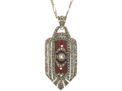 Art Deco Silver, Carnelian & Marcasite Pendant on Silver Chain