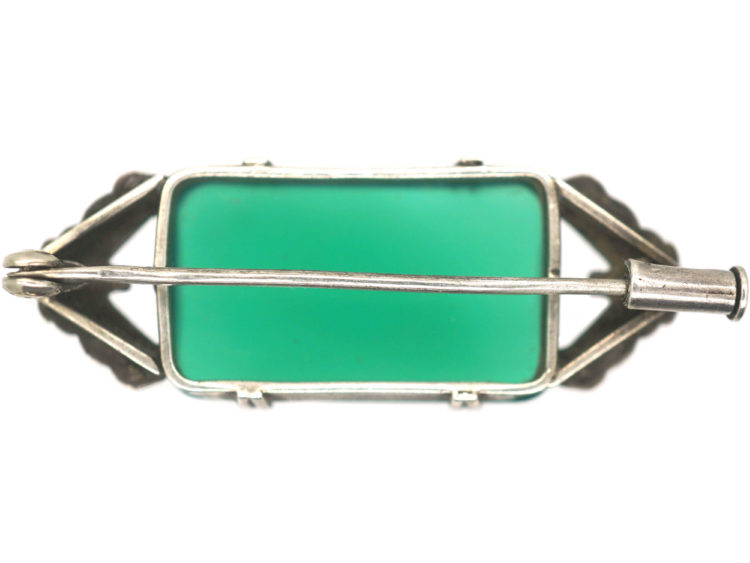 Art Deco Silver, Marcasite & Green Chalcedony Brooch