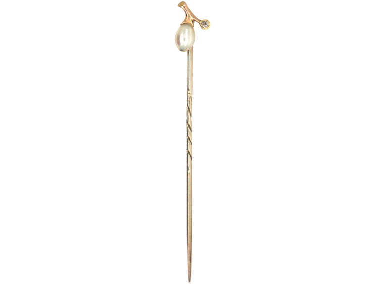 Edwardian Gold, Natural Pearl & Diamond Sprig Tie Pin