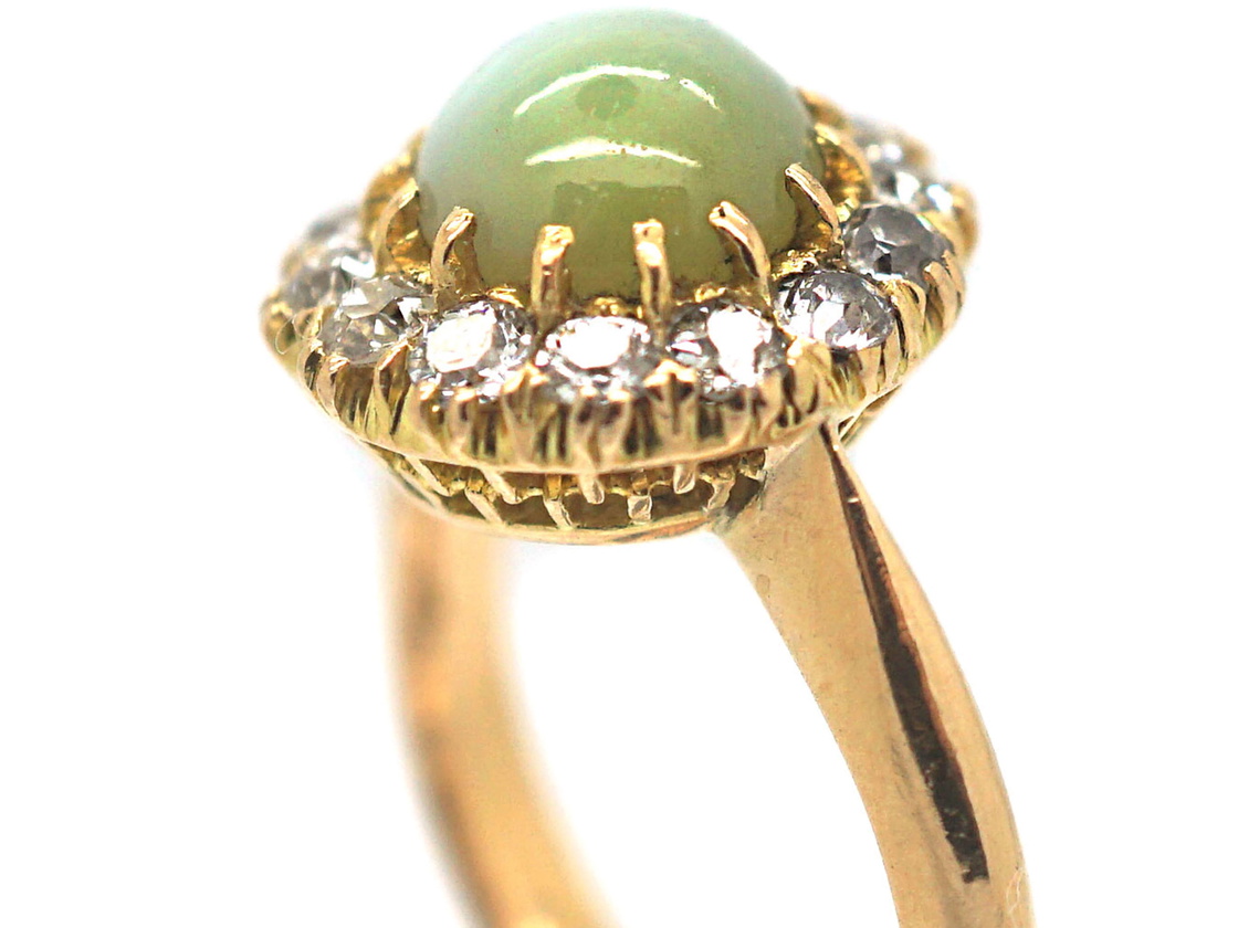 Edwardian 18ct Gold, Cat's Eye Chrysoberyl & Diamond Cluster Ring