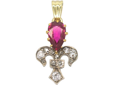 Edwardian 18ct yellow & White Gold, Diamond & Pear Shaped Ruby Fleur de Lys Pendant