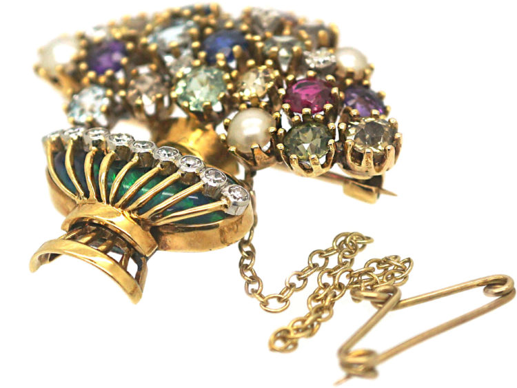 Retro 18ct Gold, Black Opal, Sapphire, Diamond, Ruby & Pearl Giardinetti Brooch