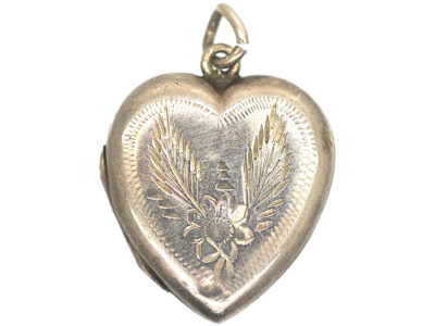 Silver Heart Locket With Engraved Flower & Leaves
