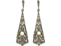 Art Deco Silver, Marcasite & Pearl Drop Earrings