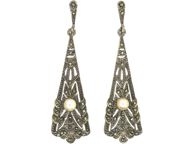 Art Deco Silver, Marcasite & Pearl Drop Earrings