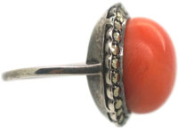 Art Deco Silver, Coral & Marcasite Ring