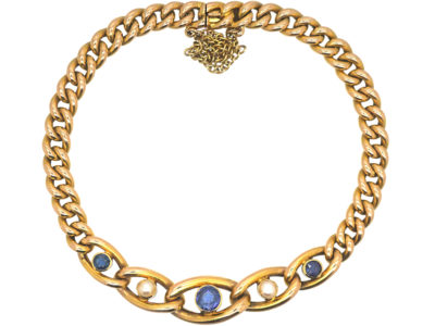 Edwardian 15ct Gold, Sapphire & Pearl Curb Link Bracelet