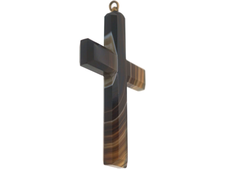 Large Victorian Scottish Carved Banded Agate Stone Cross Pendant