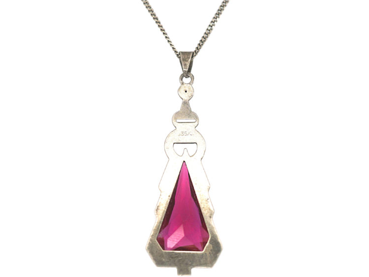 Art Deco Silver, Red Paste & Marcasite Pendant on a Silver Chain