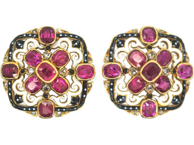 Victorian 18ct Gold, Ruby & Rose Diamond Black & White Enamel Earrings
