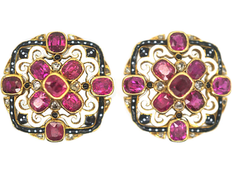 Victorian 18ct Gold, Ruby & Rose Diamond Black & White Enamel Earrings