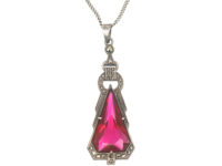 Art Deco Silver, Red Paste & Marcasite Pendant on a Silver Chain