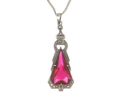 Art Deco Silver, Red Paste & Marcasite Pendant on a Silver Chain
