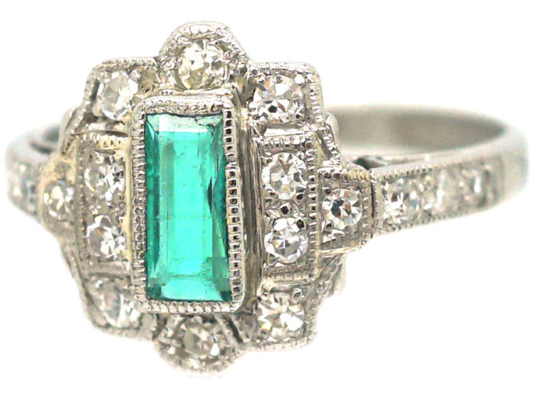 Art Deco Platinum, Emerald & Diamond Rectangular Cluster Ring
