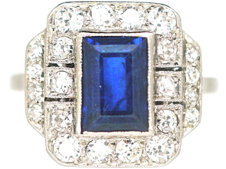 Art Deco Platinum, Sapphire & Diamond Rectangular Ring