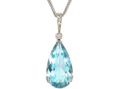 Art Deco 14ct White & Yellow Gold Aquamarine & Diamond Pendant on 8ct White Gold Chain