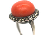 Art Deco Silver, Coral & Marcasite Ring