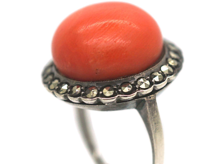 Art Deco Silver, Coral & Marcasite Ring