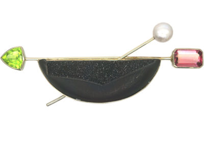 18ct Gold Druzy Quartz, Peridot, Pearl & Pink Tourmaline Brooch