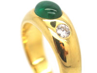 18ct Gold Cabochon Emerald & Diamond Rub Over Ring