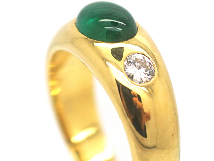 18ct Gold Cabochon Emerald & Diamond Rub Over Ring