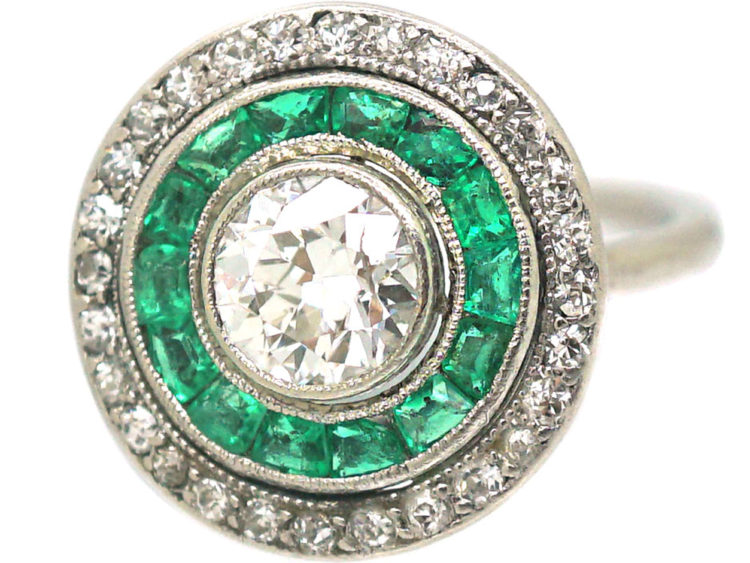 Art Deco Platinum, Emerald & Diamond Target Ring