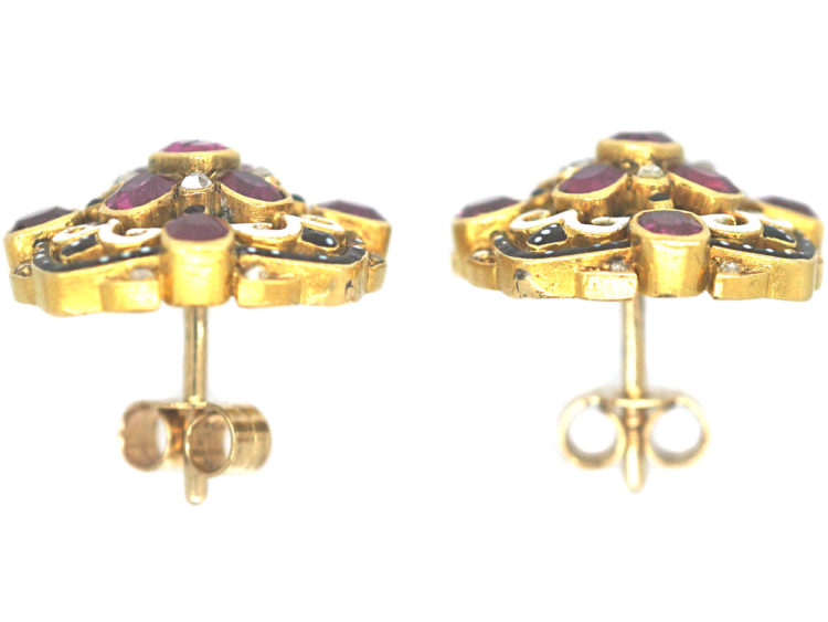Victorian 18ct Gold, Ruby & Rose Diamond Black & White Enamel Earrings