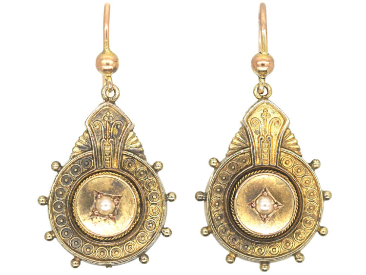 Victorian 15ct Gold Drop Earrings set with Natural Split Pearls