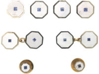 Art Deco 9ct & 18ct Gold Mother of Pearl & Sapphire Dress Set in Original Case