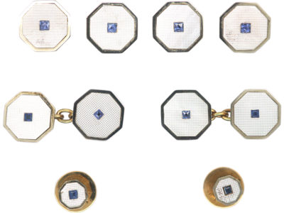 Art Deco 9ct & 18ct Gold Mother of Pearl & Sapphire Dress Set in Original Case