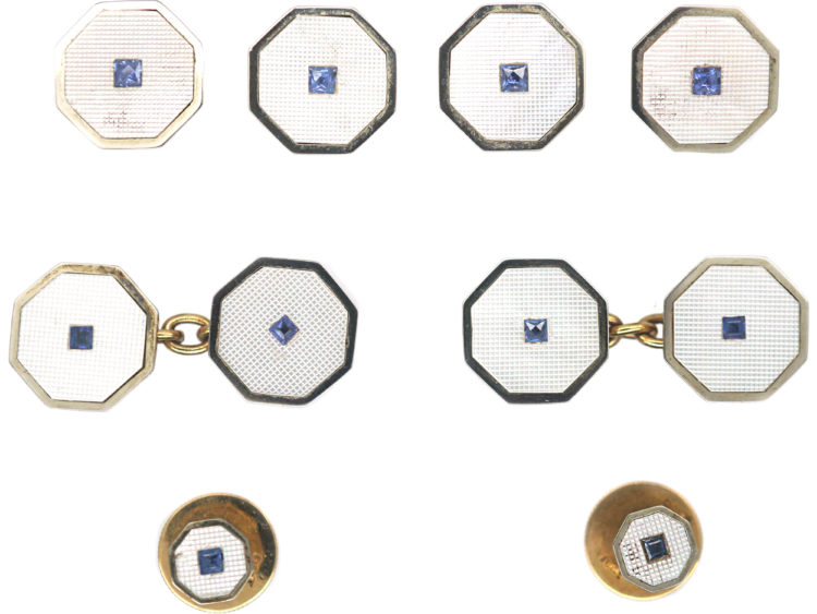 Art Deco 9ct & 18ct Gold Mother of Pearl & Sapphire Dress Set in Original Case