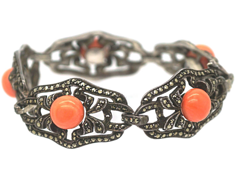 Art Deco Silver, Marcasite & Coral Bracelet