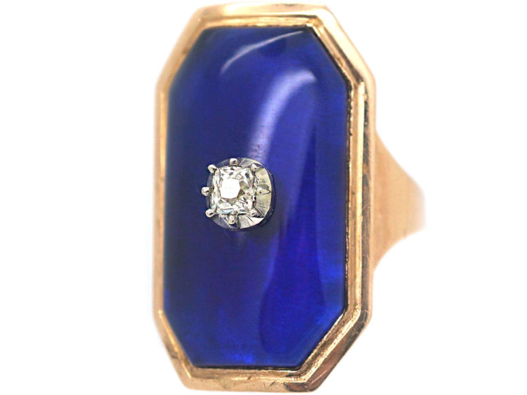 Georgian Blue Glass & Old Mine Cut Diamond Bague au Firmament Ring