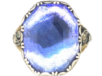 Georgian 15ct Gold & Silver Ring set with a Large Sapphire with Rose Diamonds in the Shoulders